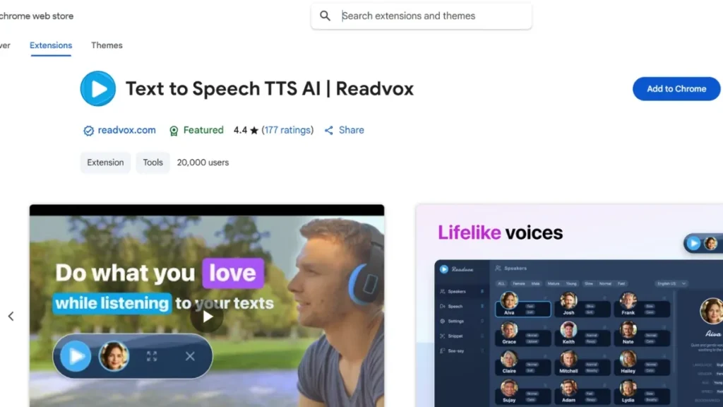 Read Vox Text to speech TTS Ai Chrome extension( Credit_ Chrome Web Store